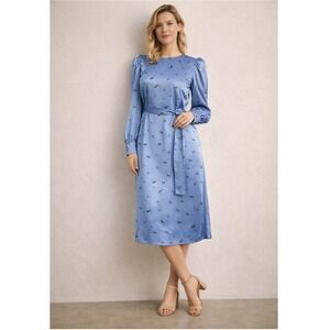 H&M Blue Crane Print Satin Midi Dress Sz 14 Belted Long Sleeve Romantic Cottage